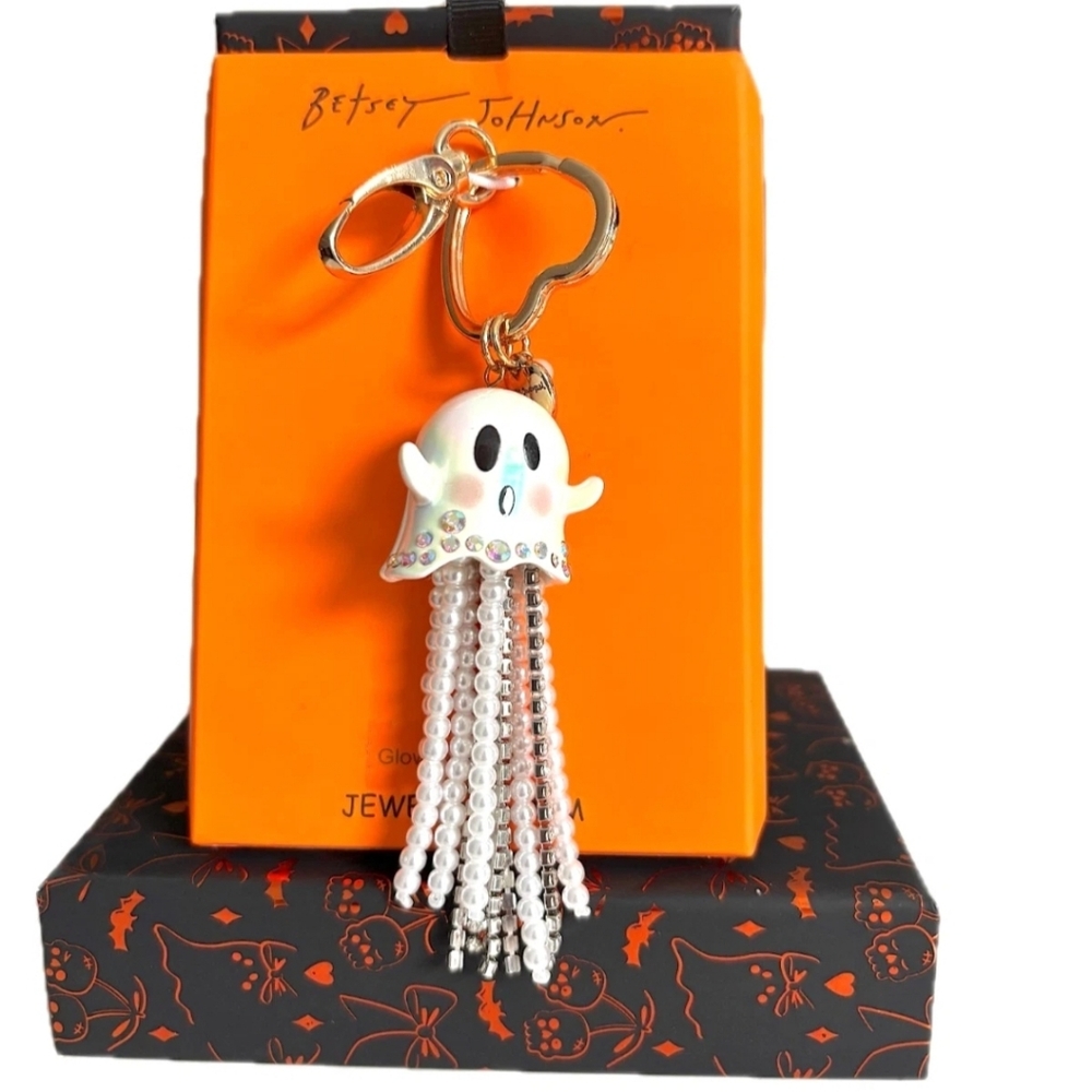 Betsey‎ Johnson Ghost Charm Keychain Jeweled Halloween Bag Purse Accessory
